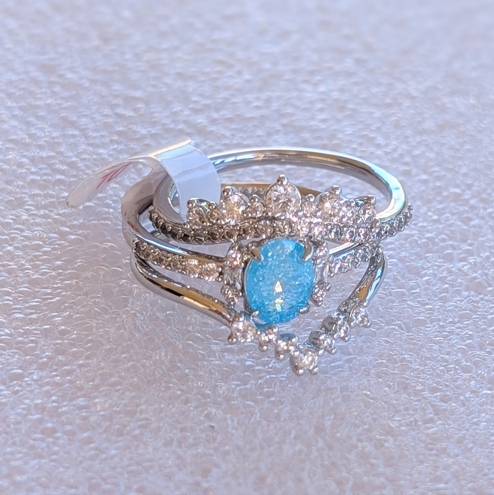 NWT Bomb Party "Queen's Delight" Aquamarine Ice Crystal Rhodium Plated Sz10 Ring